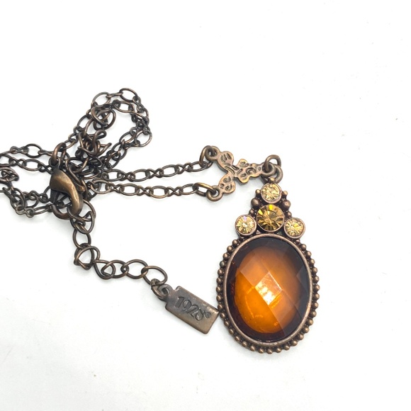 1928 Amber Faceted Colored Glass Cabachon Drop Necklace Antiqued Copper Tone - Picture 2 of 6